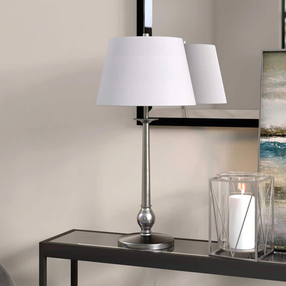 Brushed Nickel Steel Table Lamp with White Linen Shade