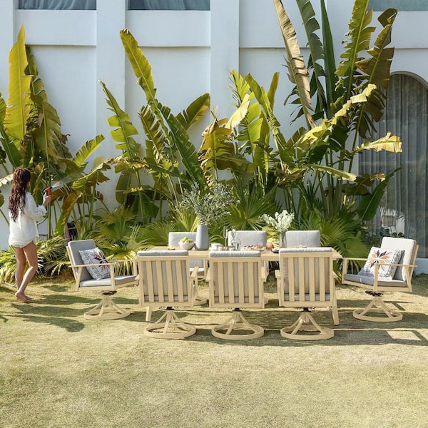Maple Wood 9-Piece Aluminum Patio Furniture Set Outdoor Dining Set 8 Swivel Chairs with White Cushion and Umbrella Hole