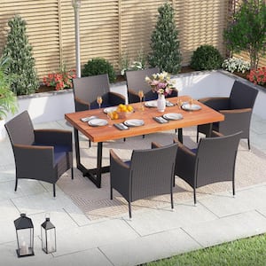 Black 7-Piece Metal Patio Wood Outdoor Dining Set with Rectangular Table and Rattan Chair with Blue Cushion