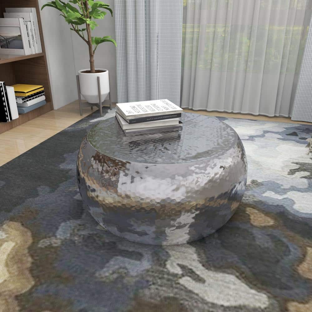 Silver Drum Shaped Metal Coffee Table with Lift-Top Storage