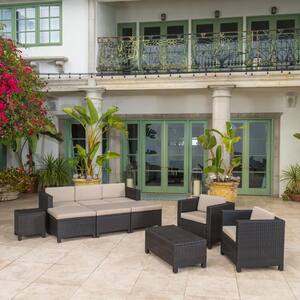Puerta Dark Brown 10-Piece Plastic Outdoor Sectional Set with Beige Cushions
