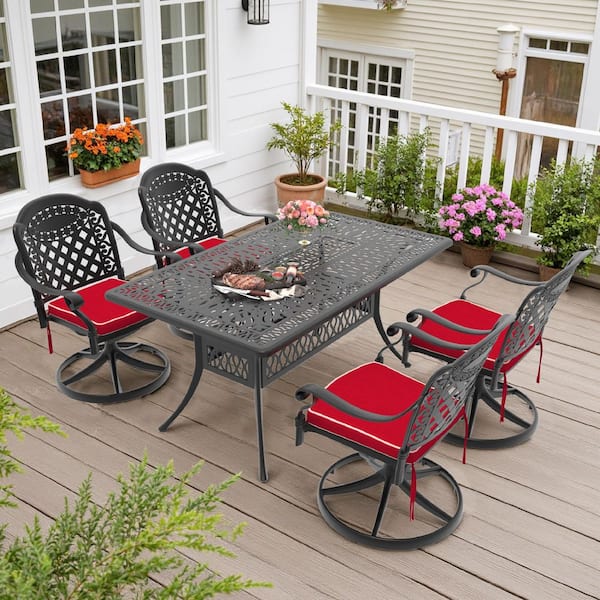 Willit Isabella 5-Piece Cast Aluminum Patio Outdoor Dining Set with Rectangular Dining Table,4 Swivel Chairs and 4 Red Cushions