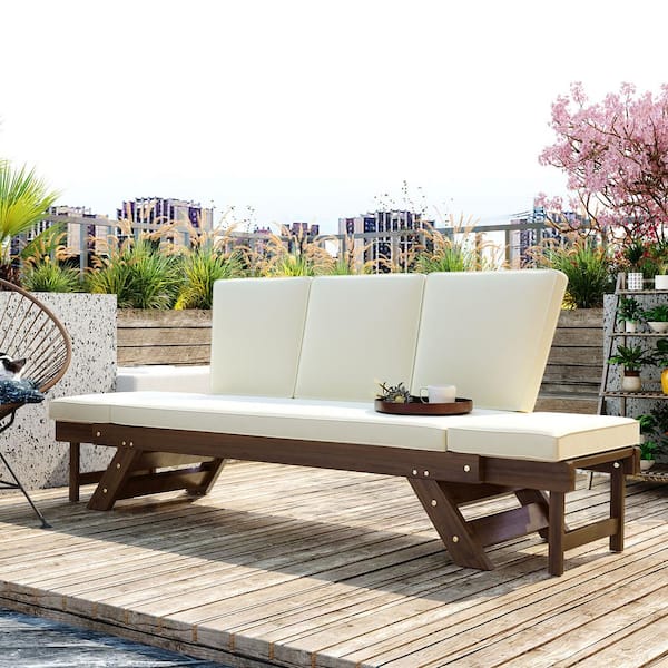 Cesicia Brown Wood Outdoor Adjustable Day Bed Sofa Chaise Lounge with Beige Cushions