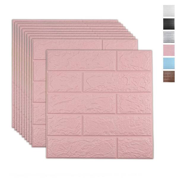 MODISHMEADOW DECOR LLC 10-Piece Pink 3D Wall Panels Wallpaper Sticker with Self-Adhesive Waterproof Brick PE Foam 14.5 Sq. Ft. Coverage