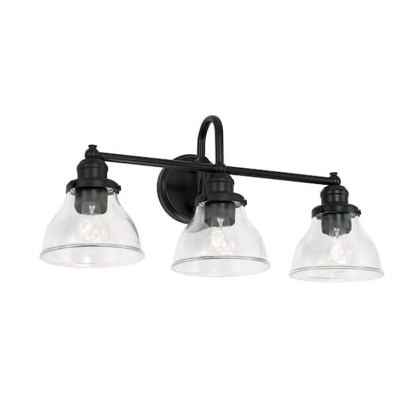 Unbranded Baxter 24 in. W x 11 in. H x 8 in. E 3-Light Matte Black Vanity Light with Clear Glass