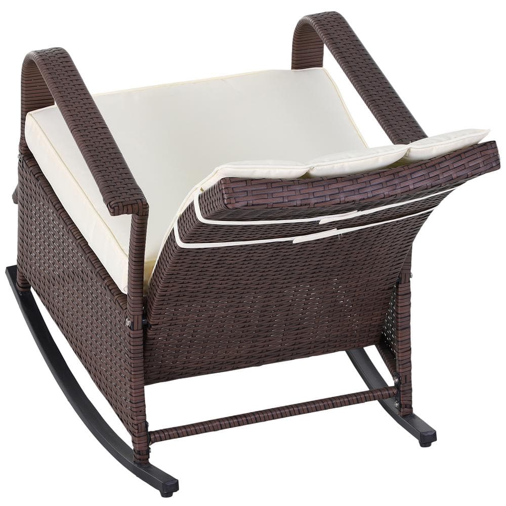 Brown Steel Frame Outdoor Rocking Chair with Beige Cushions