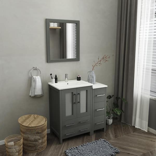 Brescia 36 in. W x 18.1 in. D x 35.8 in. H Single Basin Bathroom Vanity in Grey with Top in White Ceramic and Mirror