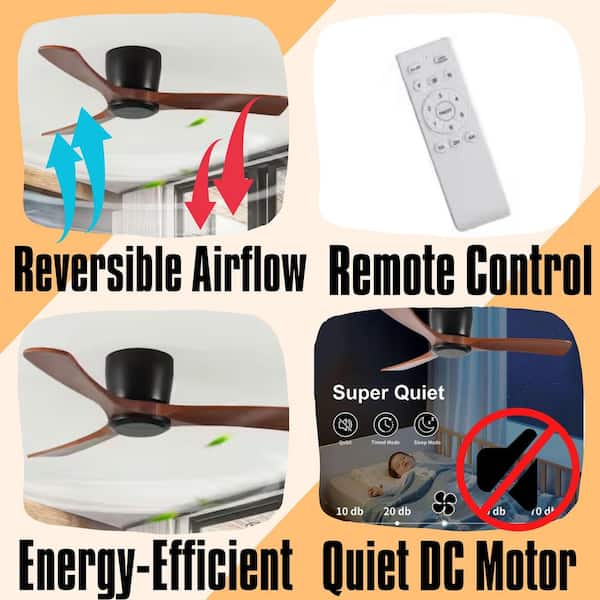 Breeze Series 42 in. Indoor Brown Ceiling Fan Low Profile Flush Mount 3-Blade with Remote Included