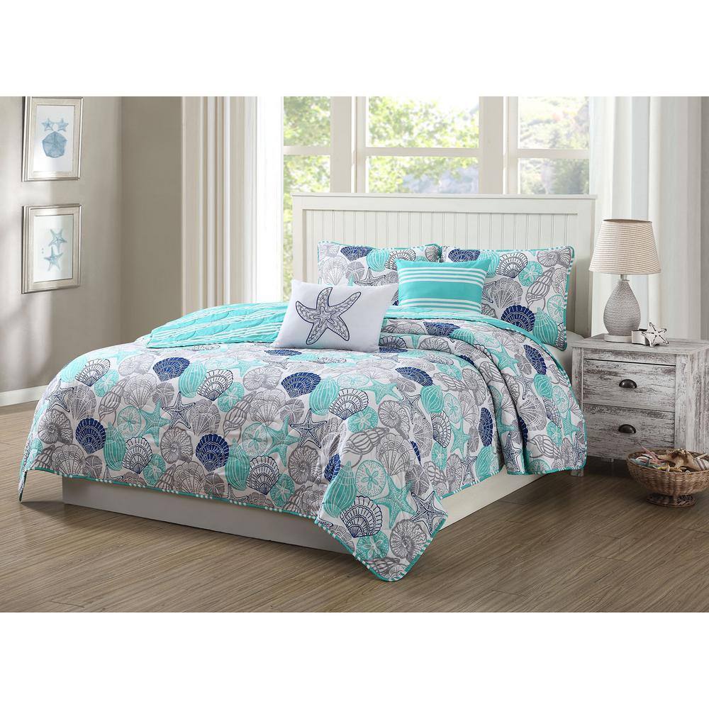 King Size Blue Microfiber Reversible Coastal Quilt Set