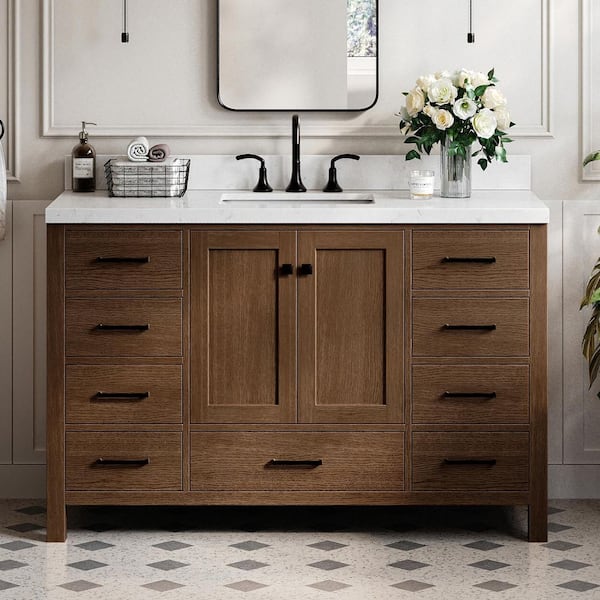 Cambridge 54 in. Single Sink Freestanding Bathroom Vanity in Brown Oak with Carrara White Quartz Top