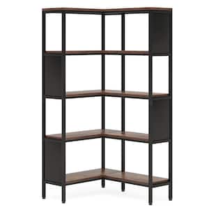 66.9 in. Tall Rustic Brown Engineered Wood 5-Shelf Corner Bookcase with Ample Open Storage