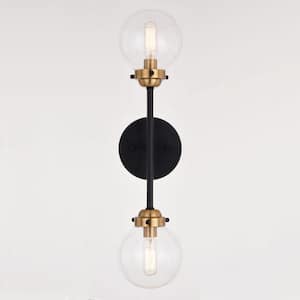 Orbit 2-Light Brass and Oil Rubbed Bronze Wall Sconce Industrial MCM Clear Glass Globe