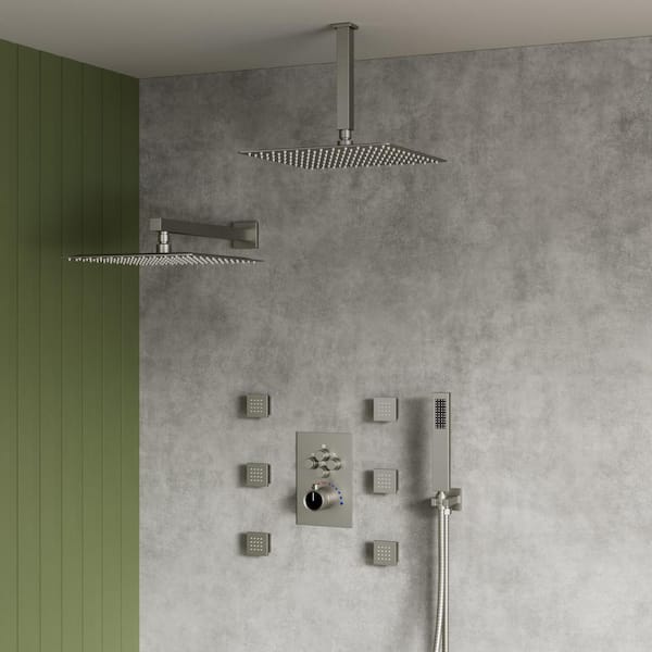 YAWWALK Thermostatic Valve 15-Spray 12 in. Ceiling Mount Dual Shower Head and Handheld Shower 6-Jets in Brushed Nickel