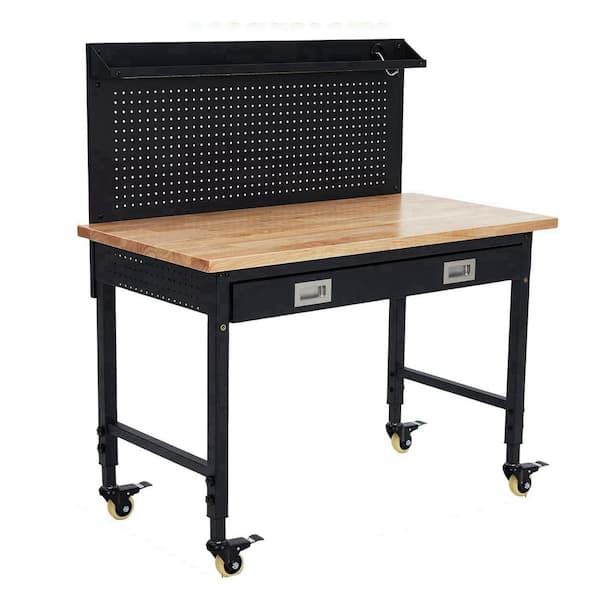 Heavy Duty 60 in. W x 22 in. D Black Steel Mobile Workbench with Rubberwood Top, Drawer and Pegboard, 10 ft. Power Cord