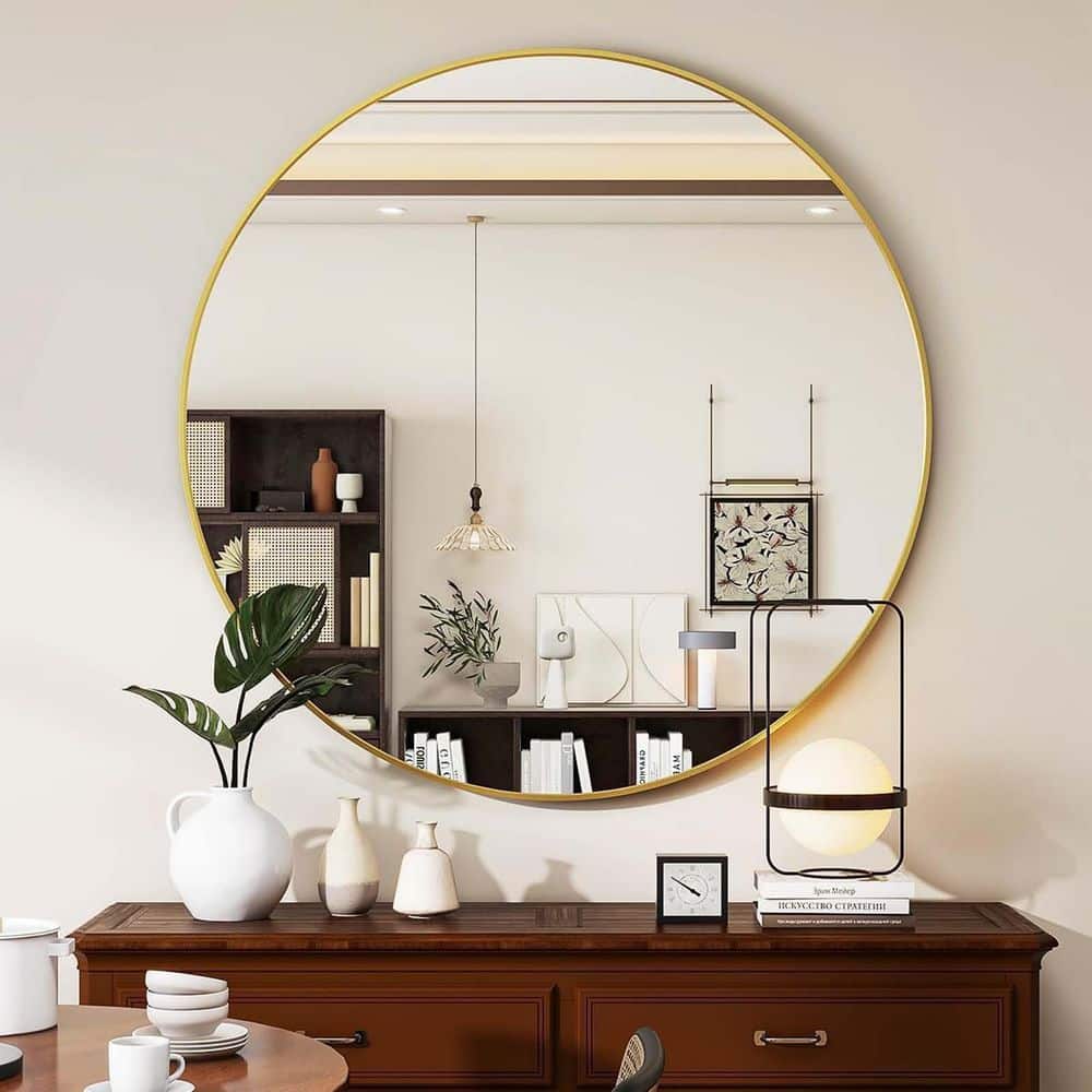 Gold 20 in. W x 20 in. H Round Aluminium Framed Wall Mirror, Circle Bathroo