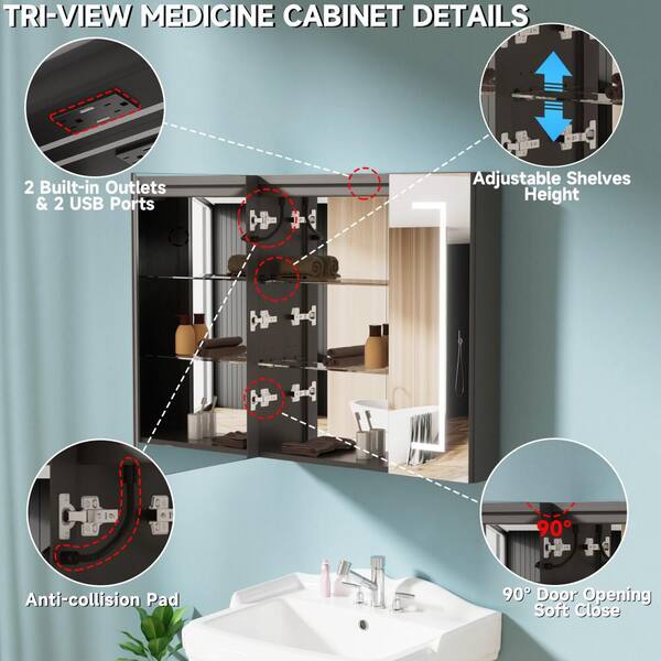HOMLYLINK 30 in. W x 32 in. H Rectangular Black Aluminum Two-Door Recessed or Surface Mount Medicine Cabinet with Mirror Interior