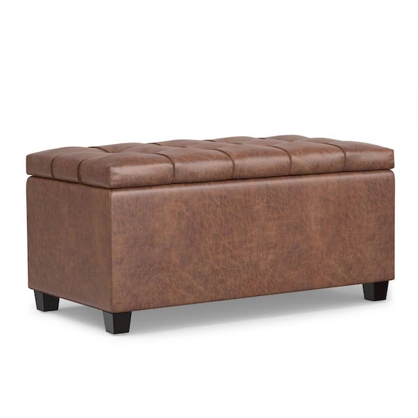 Simpli Home Sienna 33 in. Rectangle Storage Ottoman Bench in Distressed Saddle Brown Vegan Faux Leather, Assembled