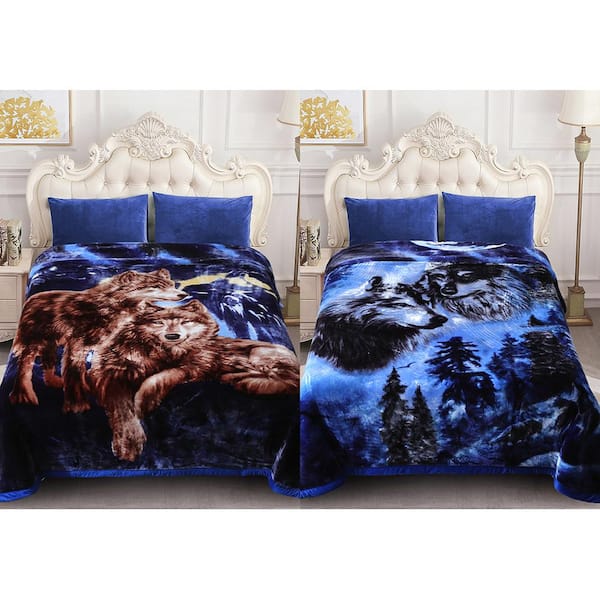 Navy Wolf 2-Ply Reversible Polyester Fleece Mink 85 in. x 95 in. 10 lbs. Winter Blanket
