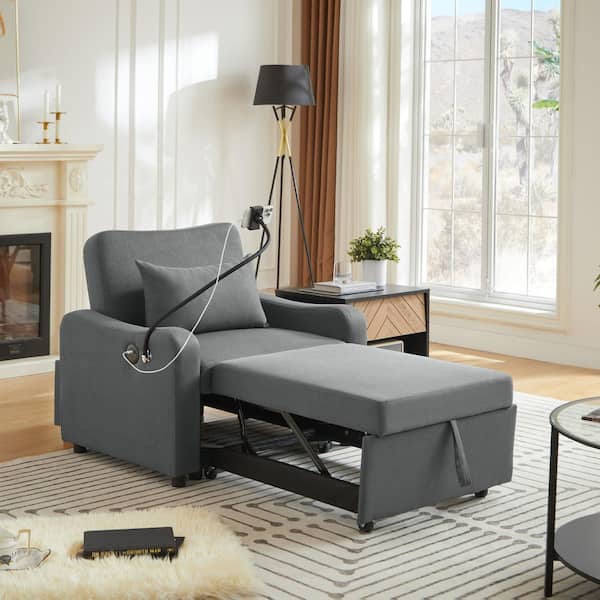 Convertible Sleeper Sofa Bed Dark Gray Linen Upholstered Arm Chair with Adjustable Back, Charging Ports, Phone Holder