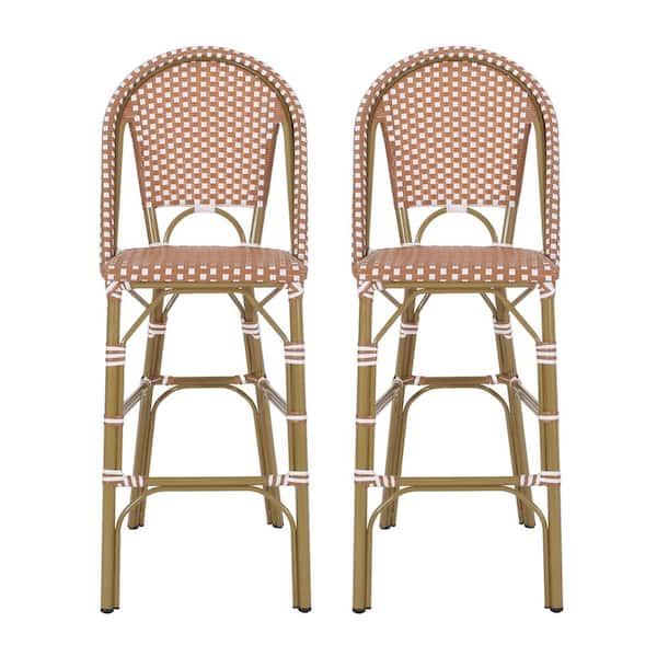 29.5 in. Outdoor PE Rattan French Bar Stool, Aluminum Frame with Bamboo Finish (Set of 2)