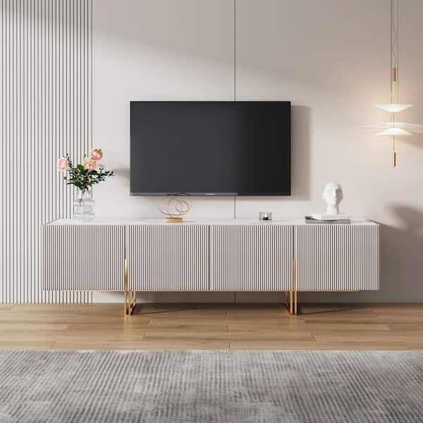 JASIWAY Modern Beige TV Stand Fits TV 85 in. with Gold Metal Leg J WB2201D 22BE