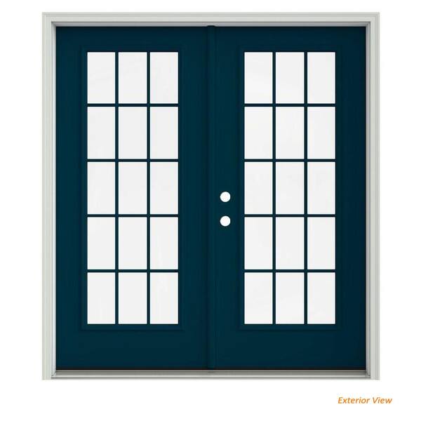 JELD-WEN 72 in. x 80 in. Revival Blue Painted Steel Right-Hand Inswing 15 Lite Glass Stationary/Active Patio Door