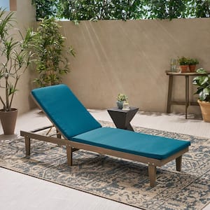 Nadine Grey 1-Piece Wood Outdoor Chaise Lounge with Blue Cushions