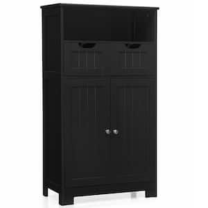 24 in. W x 12 in. D x 43 in. H Black Bathroom Wooden Side Linen Cabinet with Open Shelves, 2 Drawers and 2 Doors
