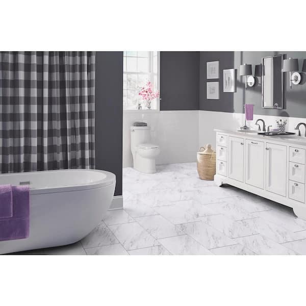 Carrara Marble Tile 4 MIL 12 in. W x 24 in. L Water Protection Peel and Stick Vinyl Tile Flooring (30 sq. ft./case)