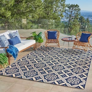 Paseo Niala Navy/Sand 5 ft. x 7 ft. Floral Medallion Indoor/Outdoor Area Rug