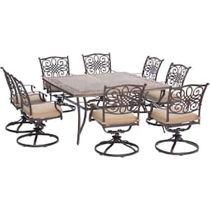 Seasons 9-Piece Aluminum Outdoor Dining Set with Tan Cushions 8 Swivel Chairs and Square Table