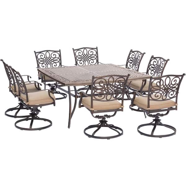 Cambridge Seasons 9-Piece Aluminum Outdoor Dining Set with Tan Cushions 8 Swivel Chairs and Square Table