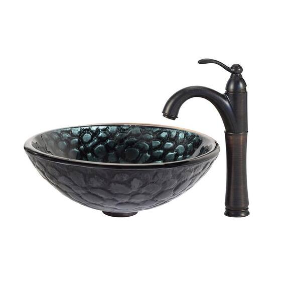 KRAUS Kratos Glass Vessel Sink in Black with Riviera Faucet in Oil Rubbed Bronze