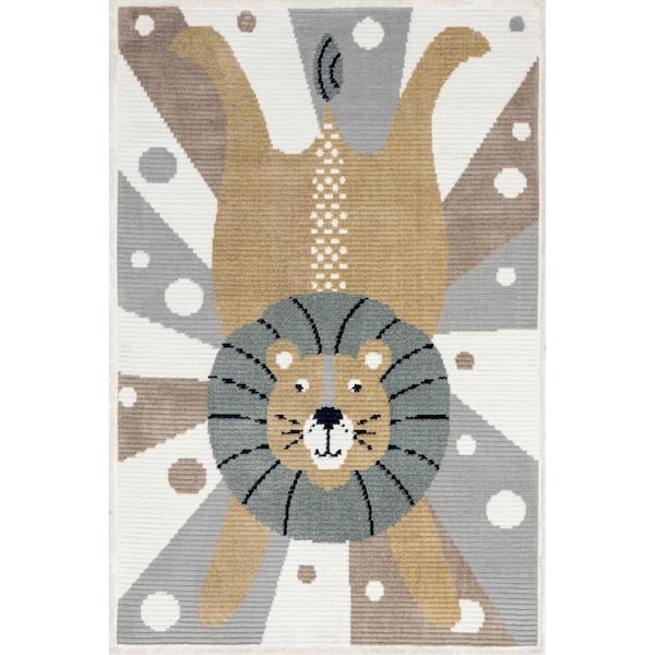 nuLOOM Brodie Cheerful Light Gray 4 ft. x 6 ft. Lion Kids Area Rug