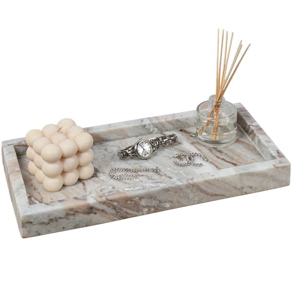 Luxe Stone 12 in. x 6 in. Classic Minimalist Rectangular Marble Bathroom Countertop Tray, Beige