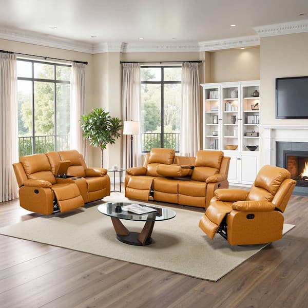 182 in. Overall Pillow Top Arm Semi-PU/PVC Fabric Rectangle Recliner Sofa Set in Ginger, 6-Seats Sectional with Storage