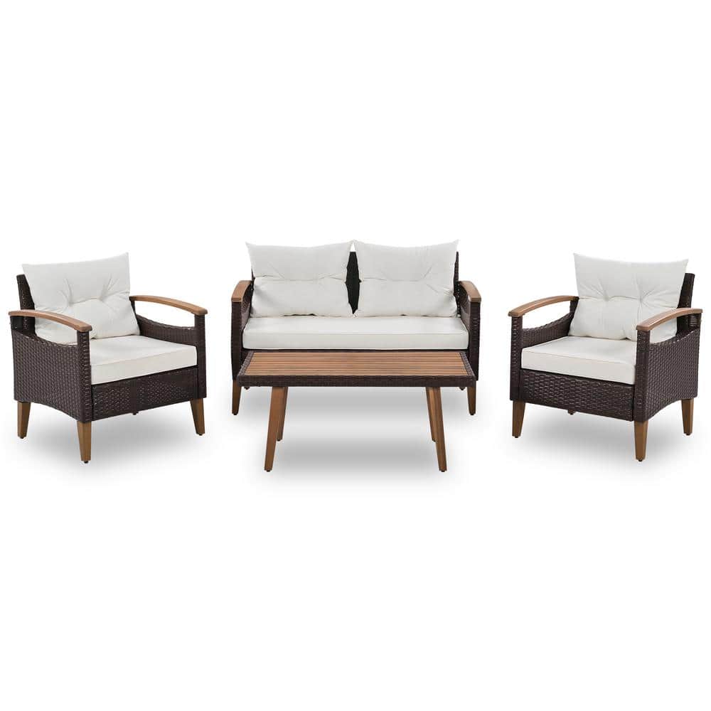 Brown 4-Piece Wicker Patio Conversation Set with Beige Cushions and Wood Table price history on PriceWatchPro