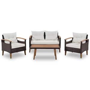 Brown 4-Piece Wicker Patio Conversation Set with Beige Cushions and Wood Table