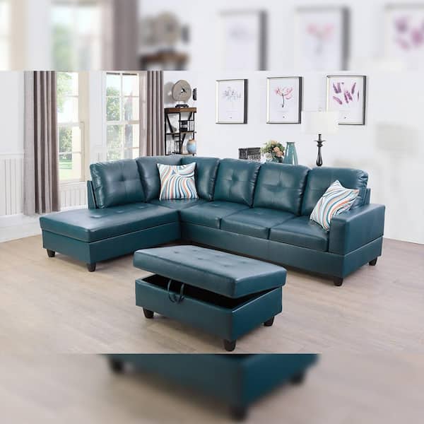 Star Home Living 74 5in W Square Arm 3 Piece Faux Leather L Shaped Sectional Sofa In Green With Ottoman 9518a 3pc The