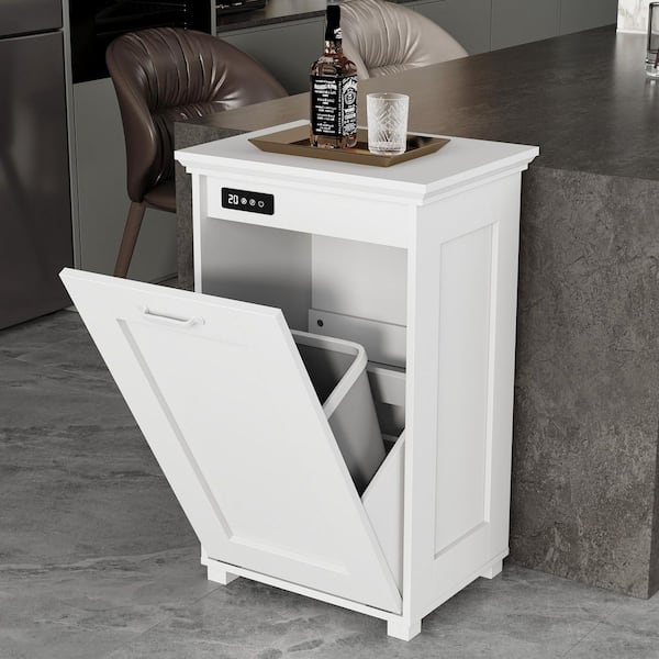 White Wood 20 in. W x 32.2 in. H Food Pantry Cabinet Sideboard, Trash Can Cabinet with Air Purifier and Slanted Drawer
