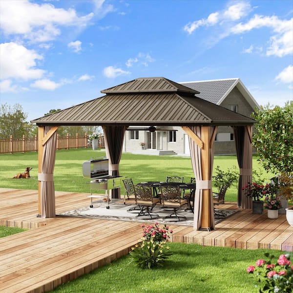 12 ft. x 14 ft. Brown Cedar Wood Frame Hardtop Gazebo with Galvanized Steel Double Roof, Curtains and Netting