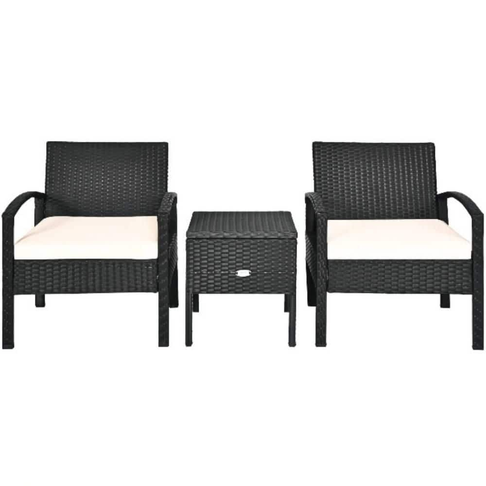 Alpulon Black 3-Piece Wicker Outdoor Bistro Set with Beige Cushions