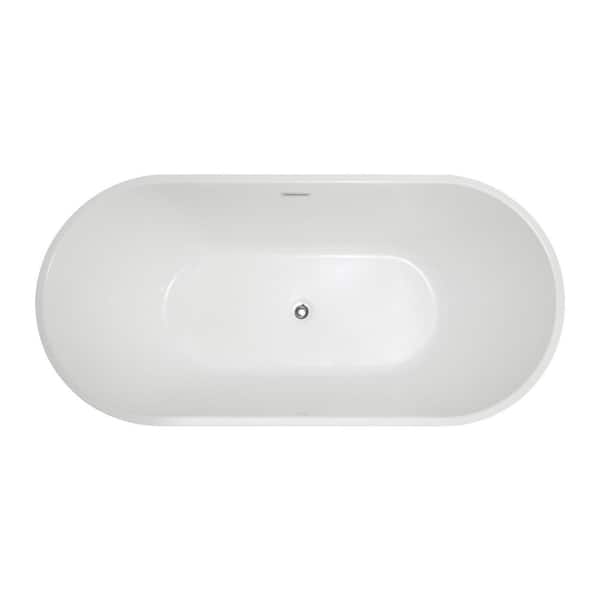 ANZZI - Chand Series 59 in. x 30 in. Flat Bottom Acrylic Freestanding Soaking Bathtub with Center Drain in Glossy White