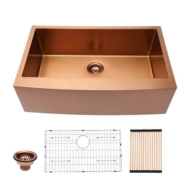 Logmey 33 in. Apron Front Farmhouse Single Bowl 16-Gauge Rose Gold Stainless Steel Kitchen Sink Bottom Grids