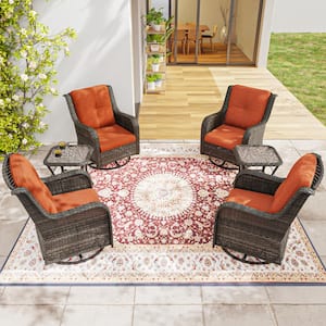 6-Piece Wicker Patio Conversation Set with All-Weather Swivel Rocking Chairs Orange Cushions