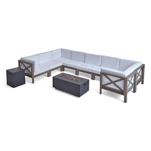 Brava Grey Finished 10-Piece Wood Patio Fire Pit Sectional Seating Set with White Cushions