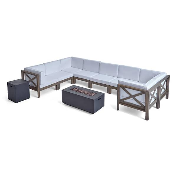 Noble House Brava Grey Finished 10-Piece Wood Outdoor Patio Fire Pit Sectional Seating Set with White Cushions