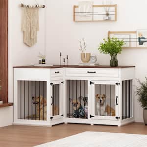 Large Dog Crate Furniture for 2 Dogs, Indoor Wooden Dog Kennel Corner Dog Crate with Drawers Perfect for Limited Room