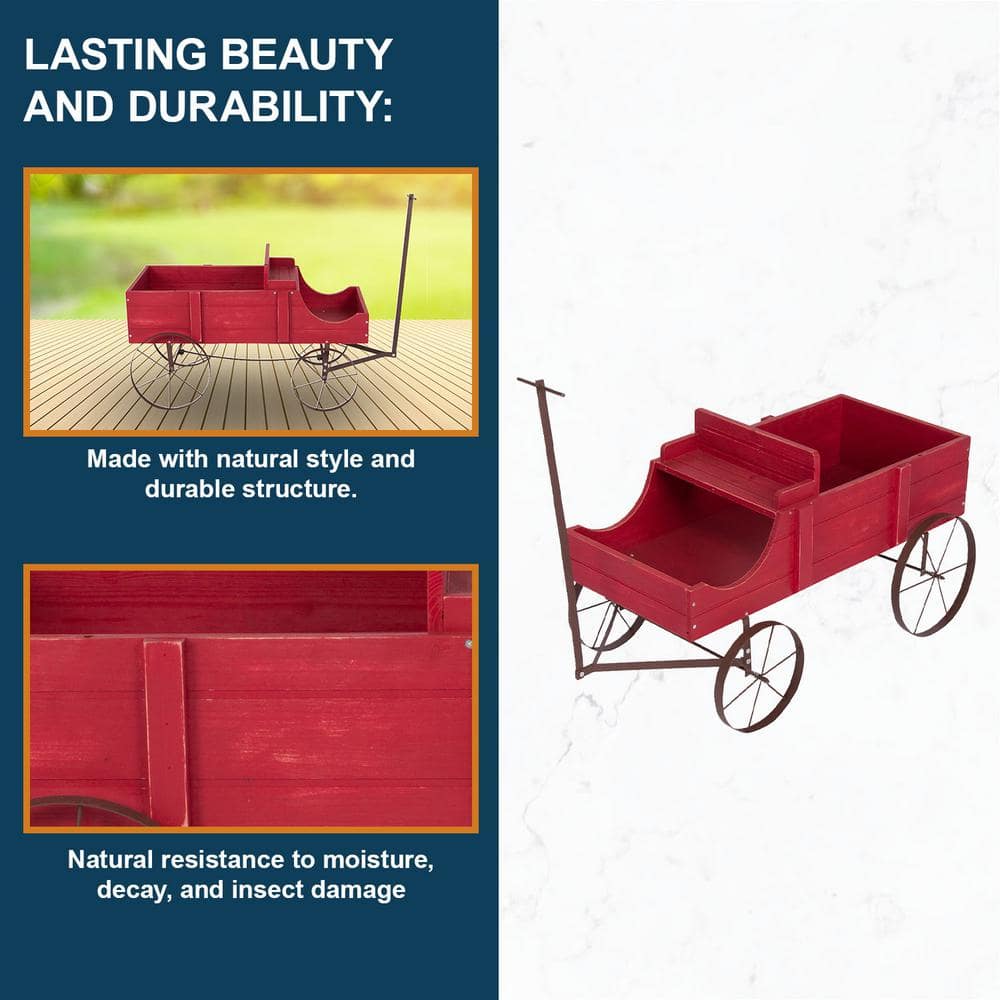 Red Wooden Buckboard Wagon Garden Planter