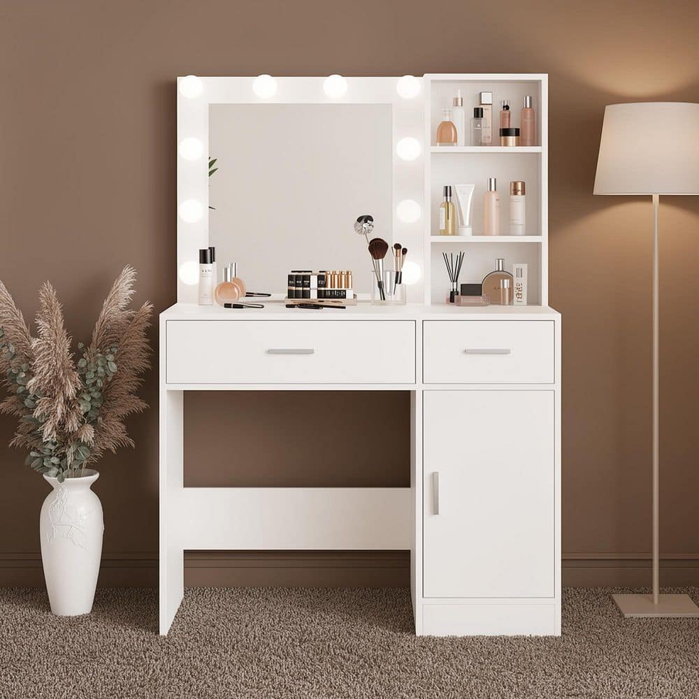 JEAREY White Makeup Vanity Desk Wood Dressing Table With Mirrors
